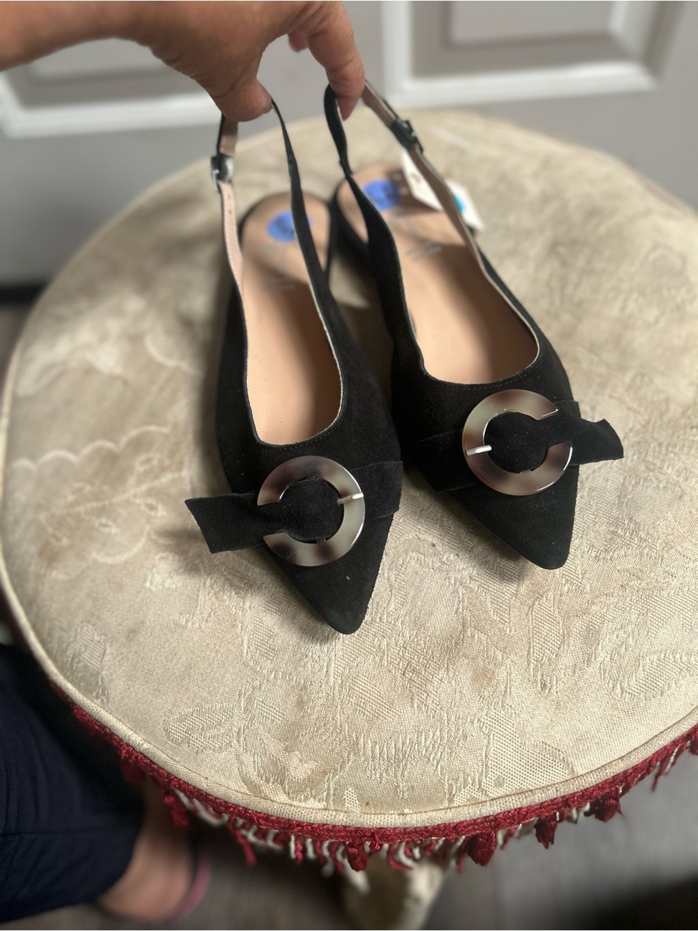 Ricardo Boccia Black Leather Slingback Pointed Toe Flats with Decorative Buckle